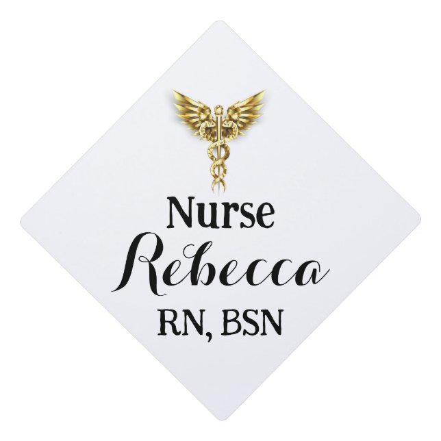 Nurse RN Graduation White and Gold with caduceus Graduation Cap Topper (Front)