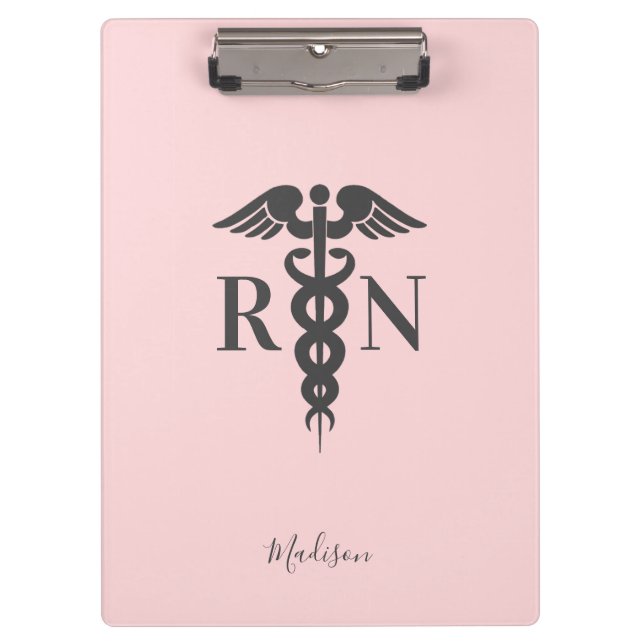 Nurse RN Medical Blush Pink Caduceus Personalized Clipboard (Front)