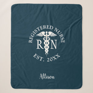 Nurse RN Medical Caduceus Blue Graduation Monogram Sherpa Blanket