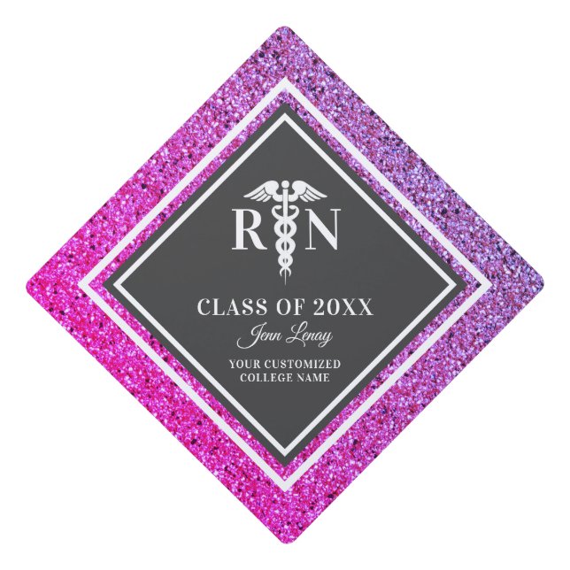 Nurse RN Medical Purple Pink Glitter Personalized Graduation Cap Topper (Front)