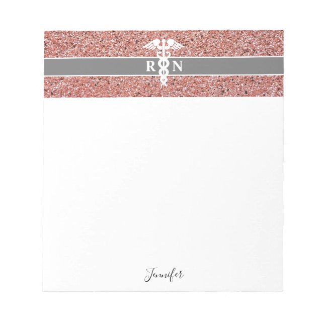 Nurse RN Pink Rose Gold Glitter Personalized Notepad (Front)