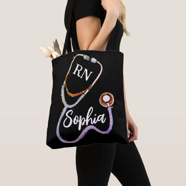 Nurse RN Purple Gold Stethoscope Black Minimalist  Tote Bag (Close Up)