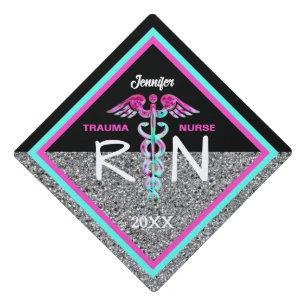 Nurse RN Retro Caduceus Black Pink Silver Glitter Graduation Cap Topper