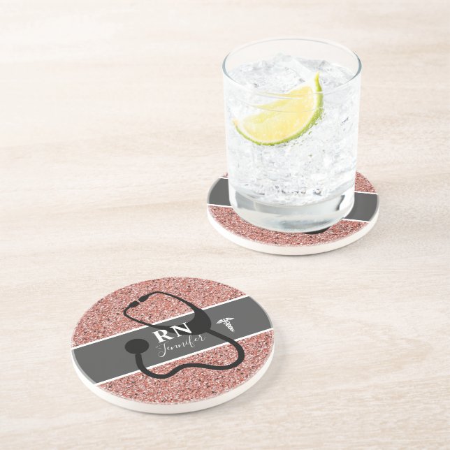 Nurse RN Rose Gold Glitter Personalized Coaster (Side)
