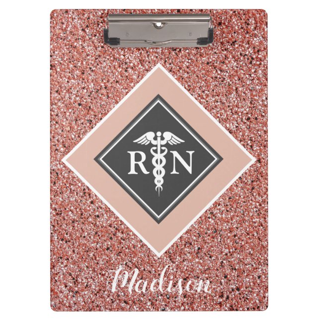 Nurse RN Rose Gold Glitter Script Personalized Clipboard (Front)