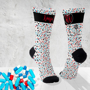 Nurse RN Stethoscope Aqua and Red Pills Socks