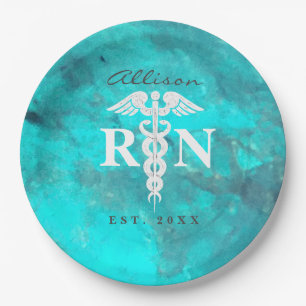 Nurse RN Turquoise Caduceus Graduation Party Paper Plate