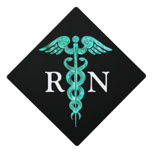 Nurse RN Turquoise Caduceus Medical Symbol Graduation Cap Topper