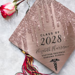 Nurse Rose Gold Glitter Personalized Graduation Cap Topper<br><div class="desc">Girly personalized grad cap topper for nurses with faux rose gold glitter drips against a rose gold faux metallic foil background and a caduceus symbol at the bottom. Customize with your class year,  name and school in modern typography and script.</div>