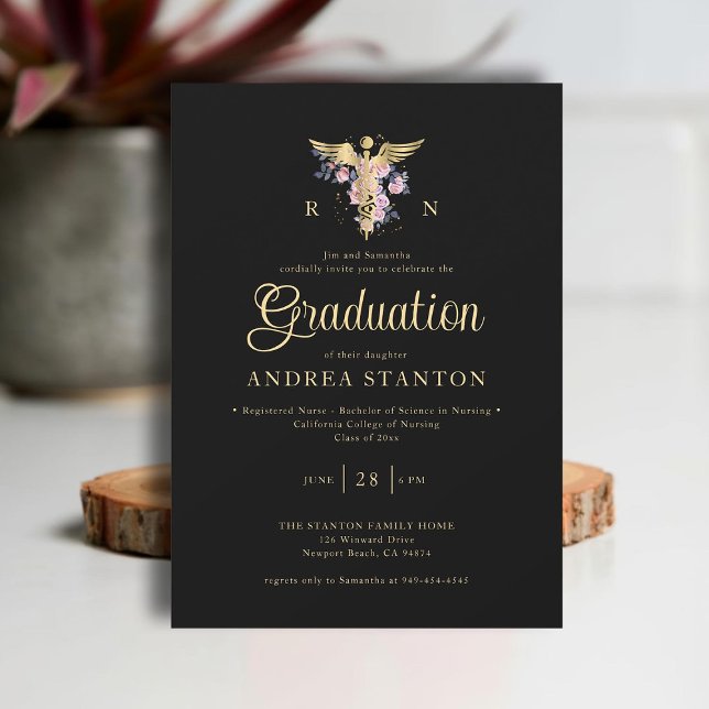 Nurse School Graduation Caduceum Rose Modern Black Invitation (nurse nursing school graduation gold caduceum contemporary modern elegant simple purple roses black)
