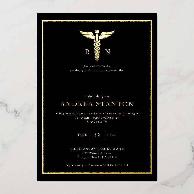 Nurse School Graduation Gold Frame Caduceum Black (Front)