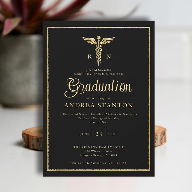 Nurse School Graduation Gold Frame Caduceum Black Invitation (nurse nursing school graduation gold caduceum brushed frame contemporary modern elegant simple black)