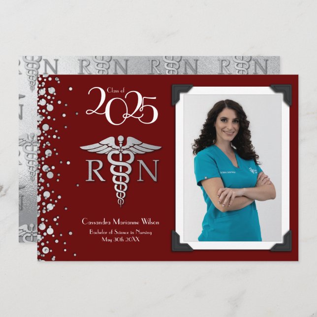 Nurse Silver Graduation Announcement Maroon Photo (Front/Back)
