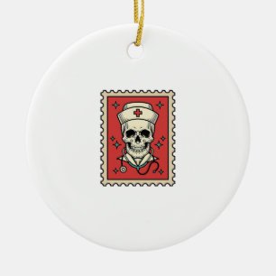 Nurse Skull Funny Retro Stamp_1 Ceramic Ornament