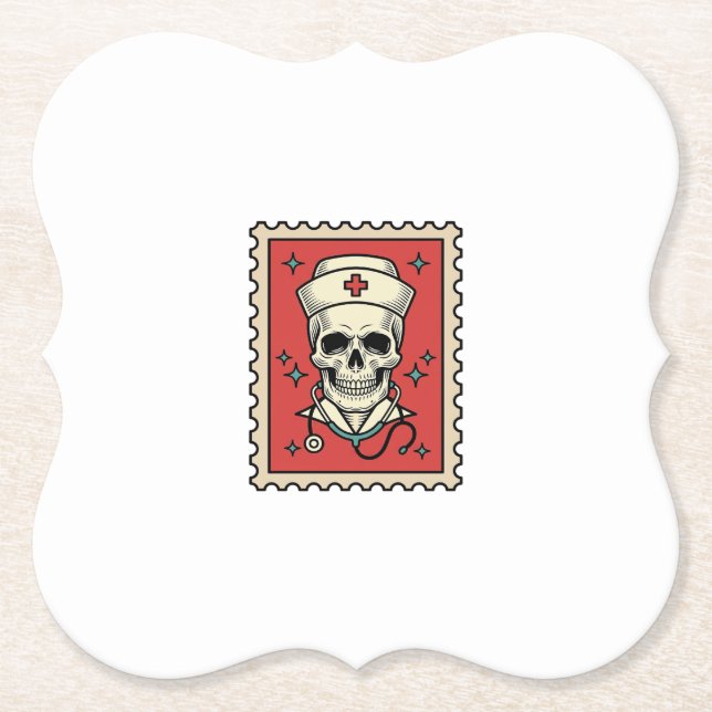 Nurse Skull Funny Retro Stamp_1 Paper Coaster (Front)