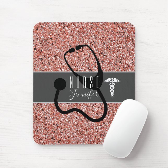 Nurse Stethoscope Caduceus Pink Rose Gold Glitter Mouse Pad (With Mouse)