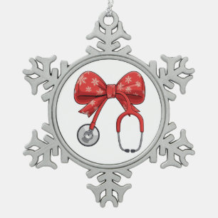 Nurse Stethoscope Christmas Bow Coquette Girly Snowflake Pewter Christmas Ornament