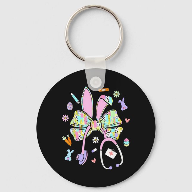 Nurse Stethoscope Funny Bunny Rabbit Easter Keychain (Front)