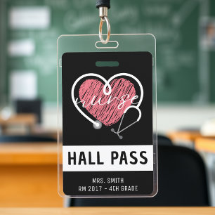 Nurse Stethoscope Pink Heart Black Hall Pass Badge