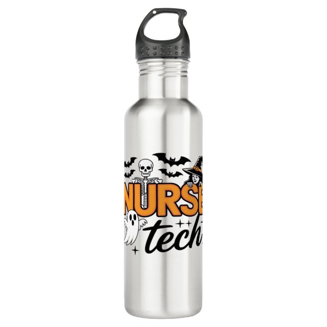 Nurse Tech - Halloween - with skeleton, witch, and 710 Ml Water Bottle (Front)