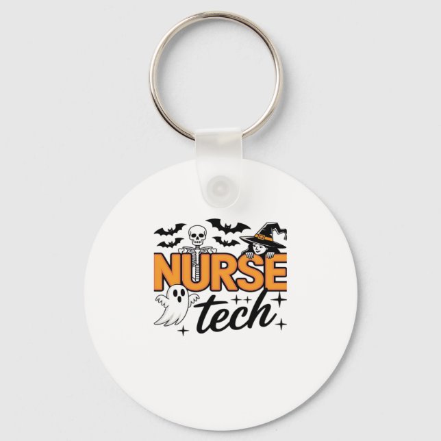Nurse Tech - Halloween - with skeleton, witch, and Keychain (Front)