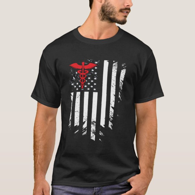 Nurse Thin Red Line Caduceus American Flag T-Shirt (Front)