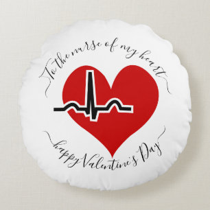 Nurse Valentines Day red heartbeat pulse Round Pillow