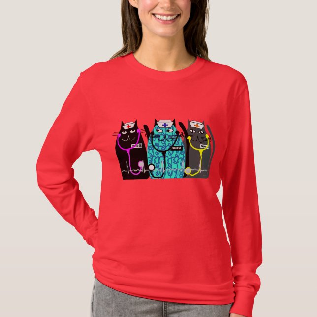 Nurse Whimsical Cat Art Shirts  "Cat-ty Nurses" (Front)