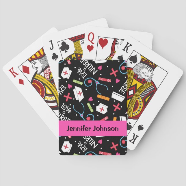 Nurse Whimsy Art Black Name Personalized Playing Cards (Back)
