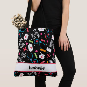 Nurse Whimsy Medical Art Black Name Personalized Tote Bag