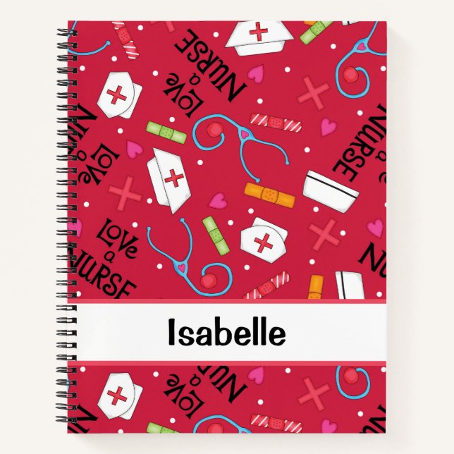 Nurse Whimsy Medical Art Red Name Personalized Notebook (Front)