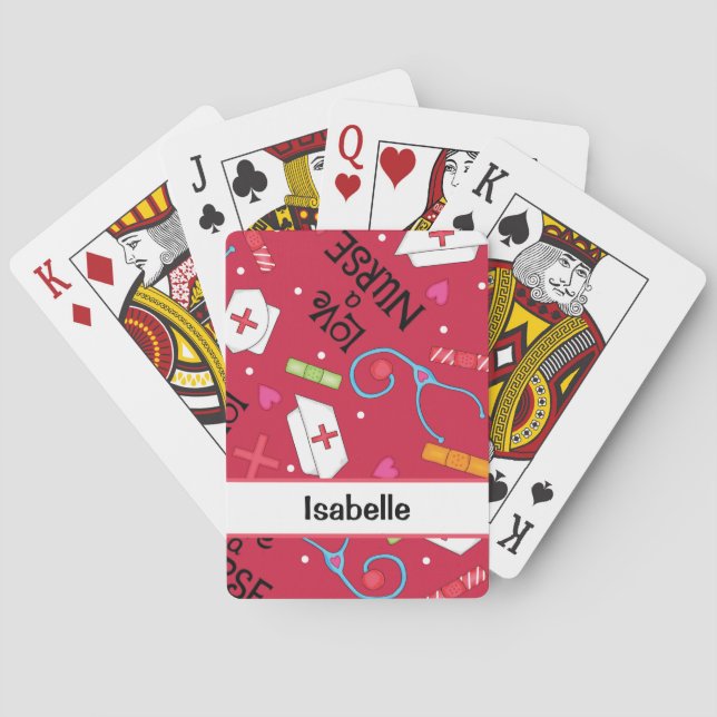 Nurse Whimsy Medical Art Red Name Personalized Playing Cards (Back)