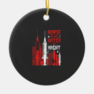 Nurse Witch Halloween Skyline Design_1 Ceramic Ornament