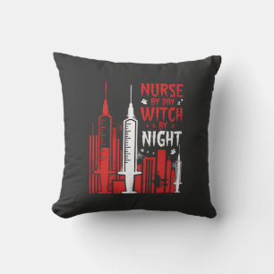 Nurse Witch Halloween Skyline Design_1 Throw Pillow