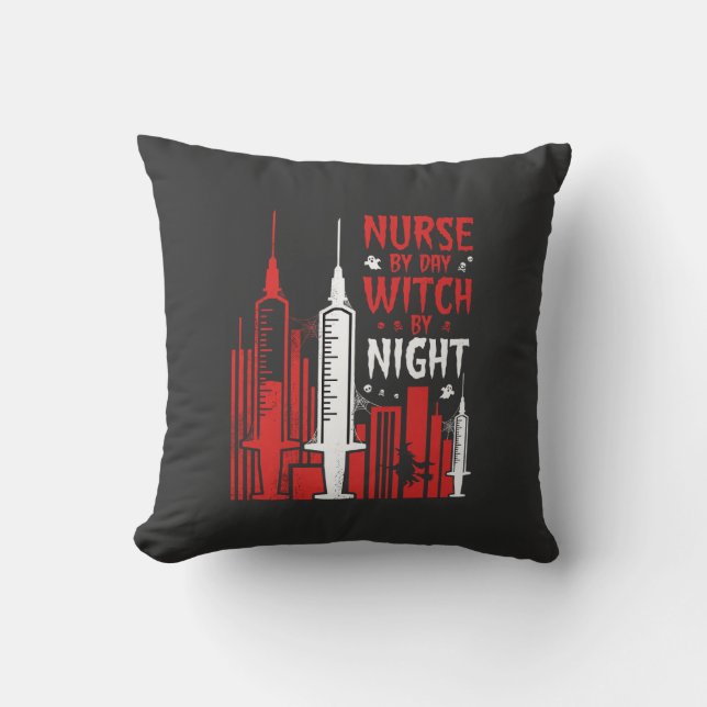 Nurse Witch Halloween Skyline Design_1 Throw Pillow (Front)