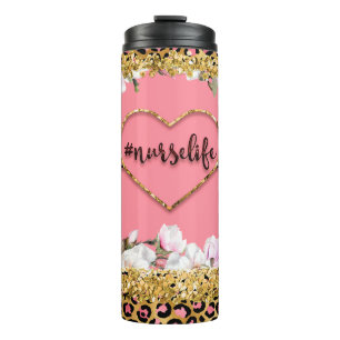 Nurselife Gold Glitter Cheetah Print Thermal Tumbler