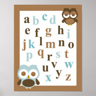 Nursery alphabet baby boy owl art poster