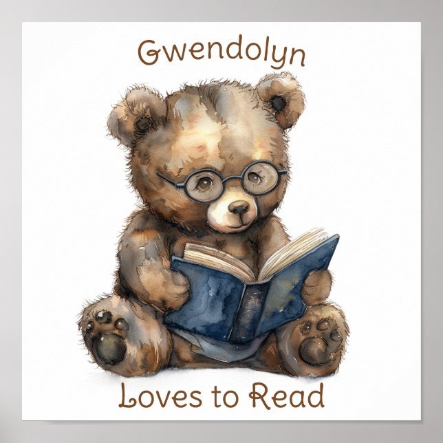Nursery Art Poster Bear Reading a Book Personalize (Front)