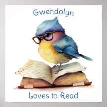 Nursery Art Poster Blue Bird Reading Personalize