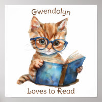 Nursery Art Poster Cat Reading a Book Personalize