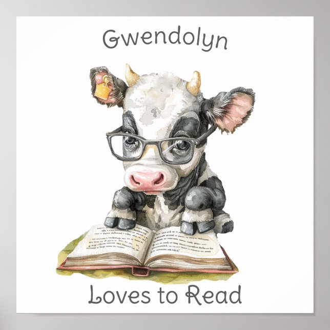 Nursery Art Poster Cow Reading a Book Personalize (Front)