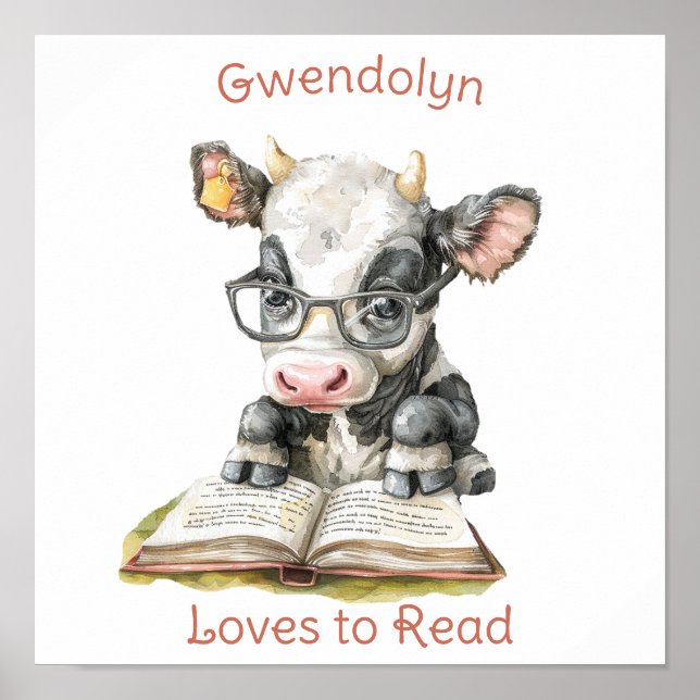Nursery Art Poster Cow Reading a Book Personalize (Front)