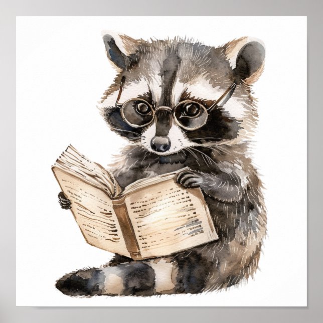 Nursery Art Poster Raccoon Reading with Eyeglasses (Front)