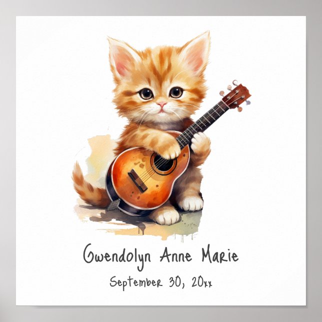 Nursery Art Poster Tabby Cat with Guitar (Front)