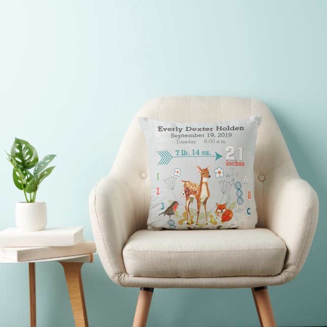 Nursery Baby Birth Stat Fox Deer Floral Arrow Throw Pillow (Chair)