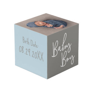 Nursery baby photo birth Date Blue grey Cube
