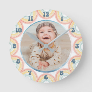Nursery Custom Baby Photo Watercolor Rainbows Cute Round Clock