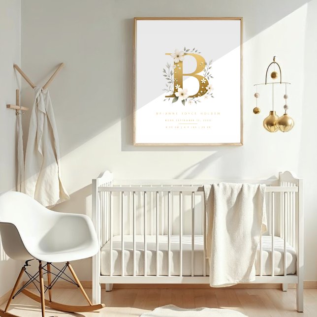Nursery Cute Romantic Floral B Letter Gold Effect Poster (Cute Romantic Floral B Letter in Gold Effect Posters for Nursery.)