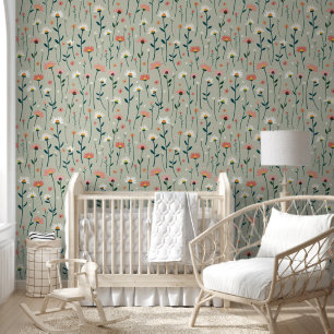 Nursery Decor Boho Daisy Wildflower Sage Green Wallpaper