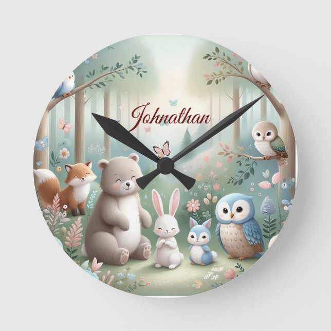 Nursery Decor, Forest Cute Animals - Custom Name  Round Clock (Front)